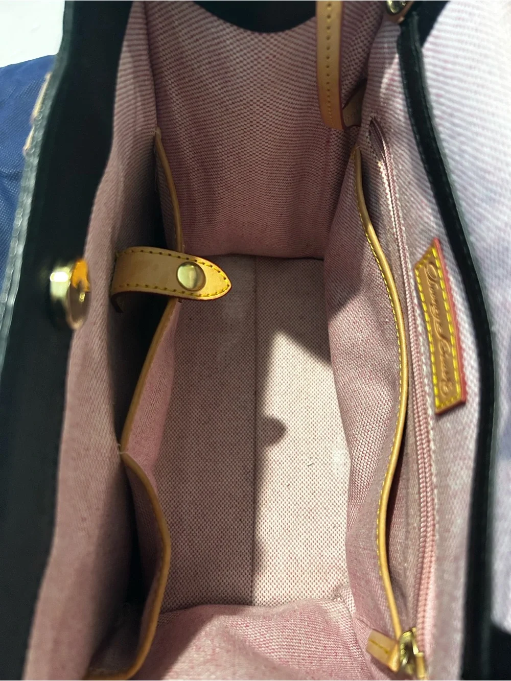 Dooney and Bourke Black Leather Satchel with Tan Leather Handles and Key Fob